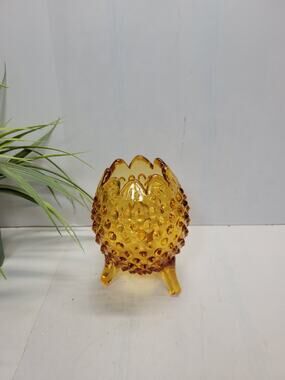 Vintage Fenton Amber Hobnail Glass 3 Footed Egg Shaped Rose Bowl Vase 5”